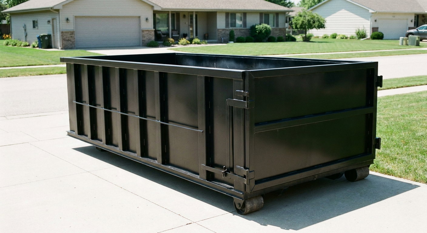 Matte-black 10-yard roll-off dumpster on a residential concrete driveway in Columbus, uniformly painted matte black across every panel and rail, ribbed steel sidewalls and rear swing door visible, mid-day daylight.