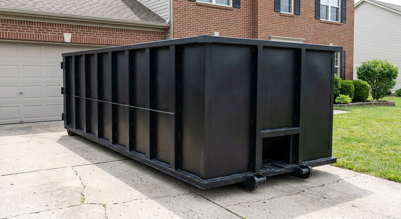 Matte-black 20-yard roll-off container on a Columbus residential concrete driveway with reinforced ribbed steel sidewalls and a hinged rear walk-in door, clean bright daylight.
