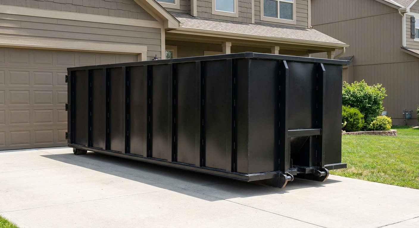 Matte-black residential roll-off dumpster sitting directly on a suburban Columbus concrete driveway, garage door closed, single-family home in background, bright morning daylight.