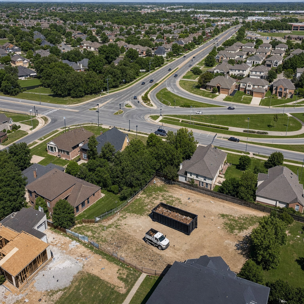 An overhead documentary view of the Columbus metro area at midday, showing the spread of neighborhoods, arterial roads, and the dispatch radius from a central yard — clean daylight, organized geographic layout.