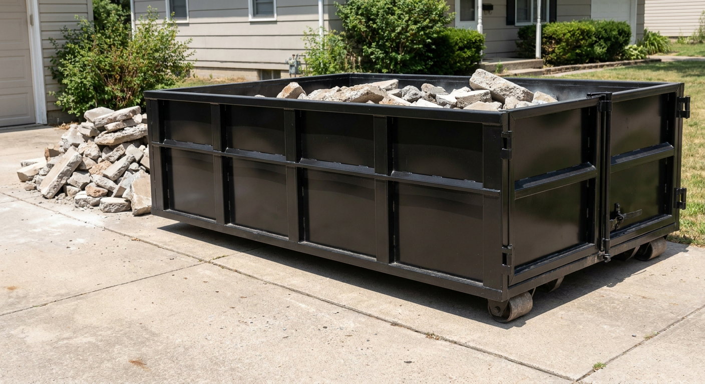 A matte-black low-side heavy-debris roll-off dumpster placed directly on a Columbus concrete driveway, with broken concrete chunks neatly stacked beside it under clean daylight.
